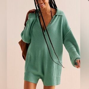 Free People Picnic Romper Green Ribbed Knit Collared Linen Cotton Playsuit Large